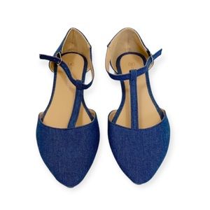 Charles Albert New York T-Strap Denim Pointed Toe Ballet Flats Size 8